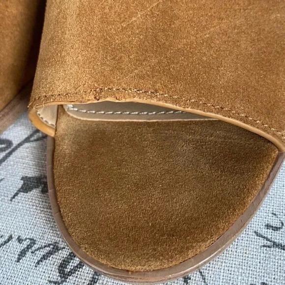 NEW, Marc Fisher, Vega, Suede Peep Toe Sandal, Stacked Block Heel, Tan, Brown - Picture 10 of 13